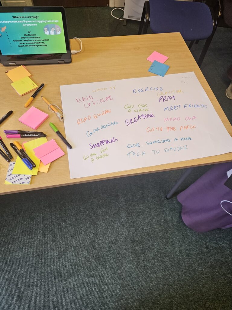 Flipchart paper with group identified wellbeing words